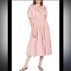 En Saison Poplin Puff-Sleeve Tiered Midi Dress